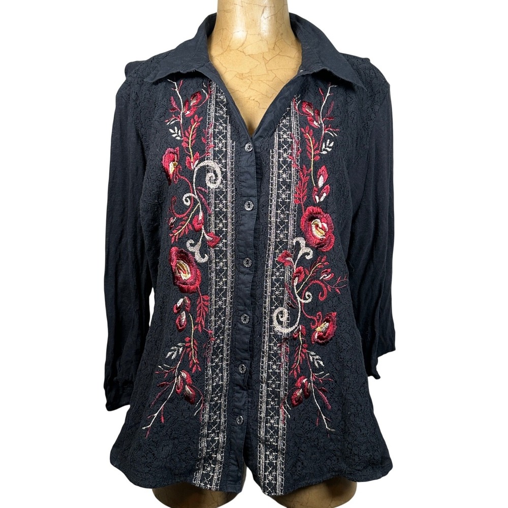 Reba Womens XL Black Floral Embroidered Lace Button Front 3/4 Sleeve Blouse Top